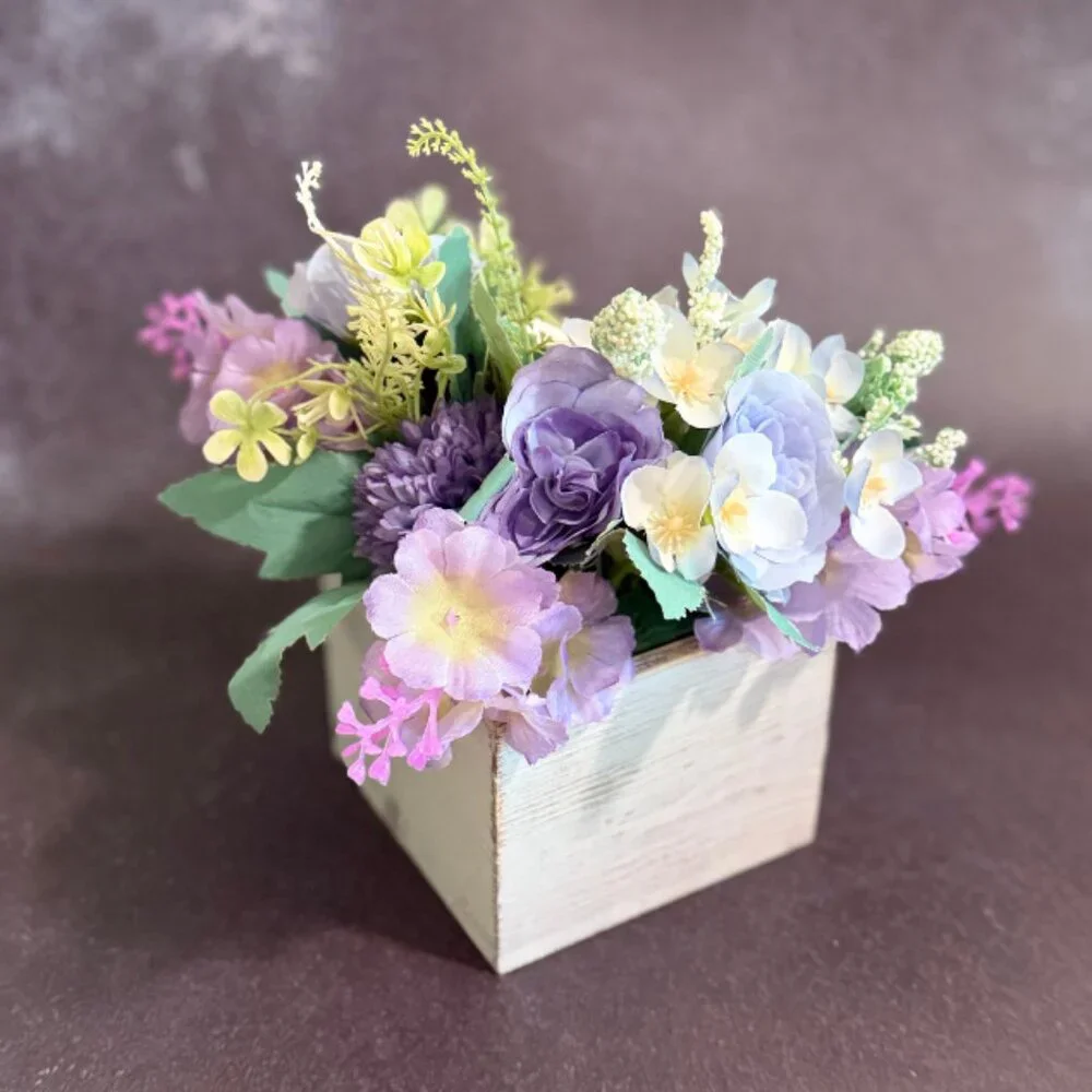 Faux Floral Arrangement in Rustic Wooden Box – Home or Office Decor